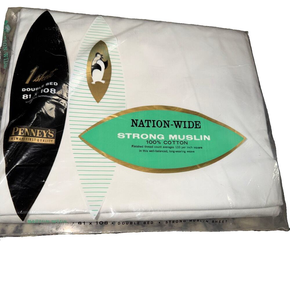 Vintage Penney's Nation-Wide Strong Muslin Cotton Sheet Double Bed 81x108 White